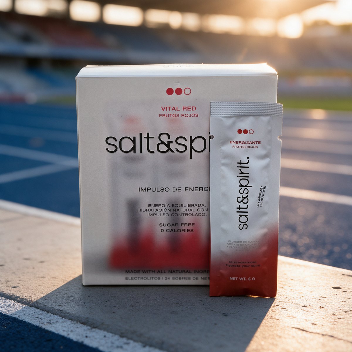 Caja y sobre Vital Red de salt&spirit. junto a una pista de atletismo al amanecer